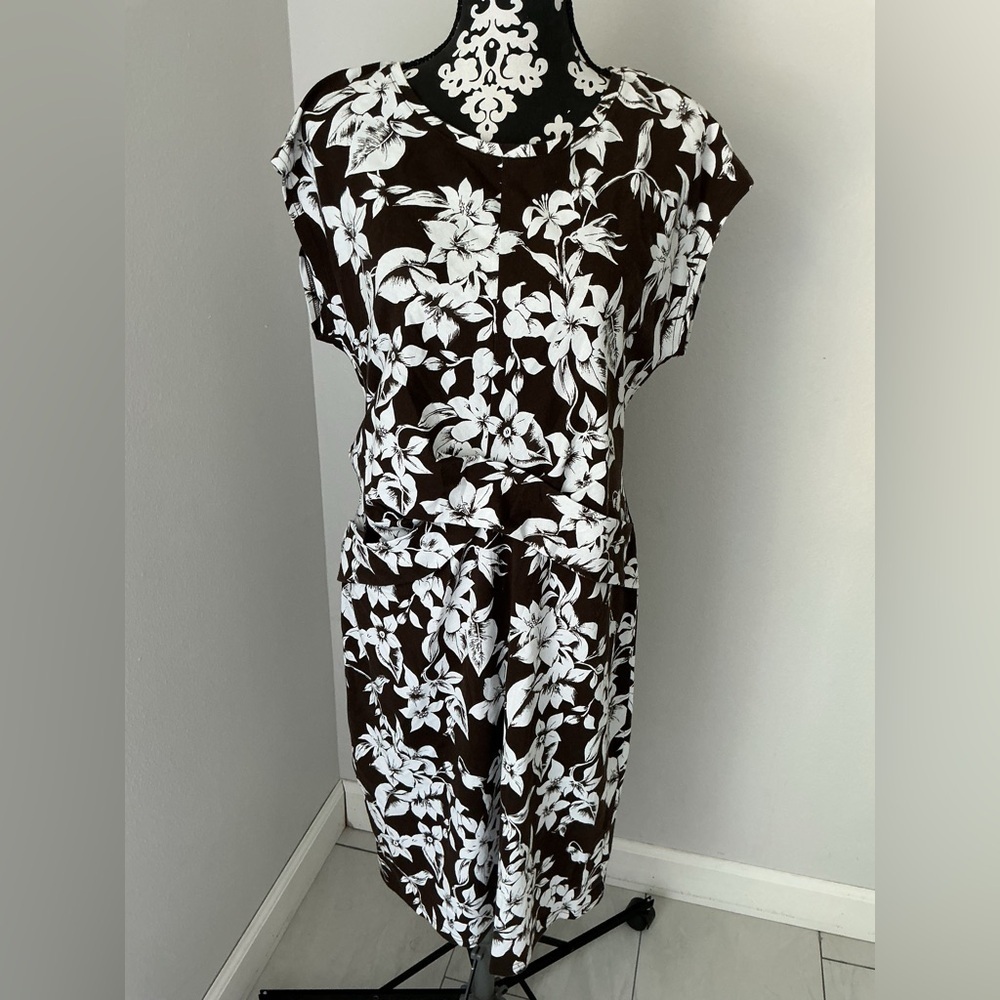 Liz Claiborne Brown and White Floral Midi Dress Sz L